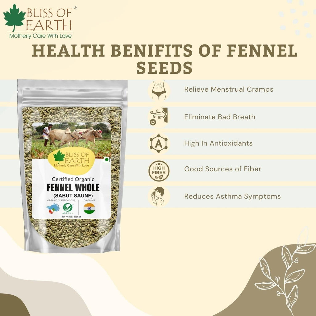 Bliss of Earth Certified Organic Fennel seed (Saunf) Indian Spice Fresh & Sweet Great for manages weight | digestive health or Cooking (1kg)