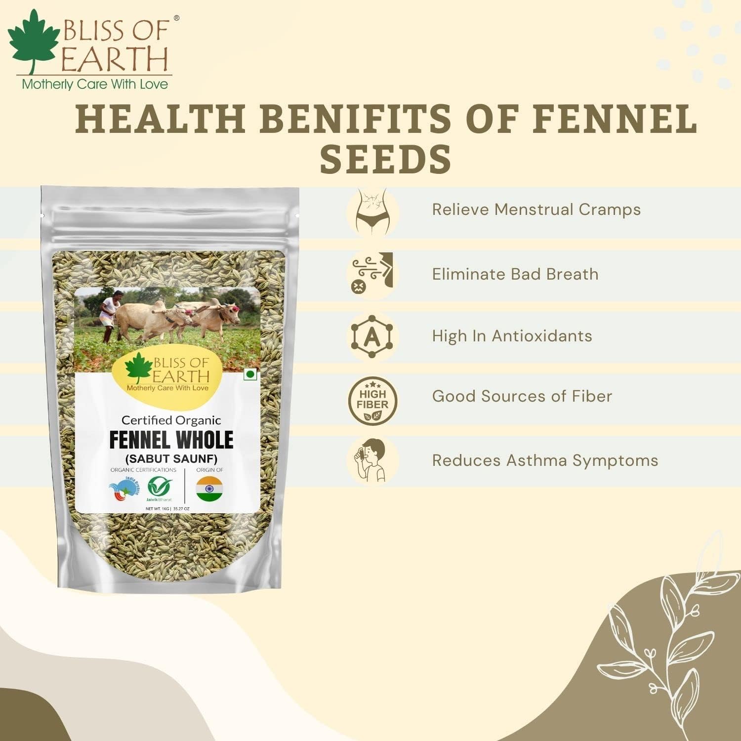 Bliss of Earth Certified Organic Fennel seed (Saunf) Indian Spice Fresh & Sweet Great for manages weight | digestive health or Cooking (1kg)
