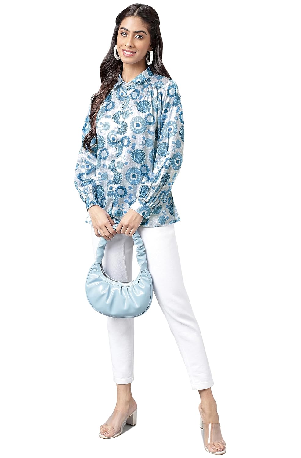 Janasya Women's Grey Satin Digital Floral Printed Shirt Style Top