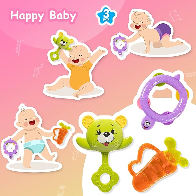 Ratna's Colourful Rattle Set for Toddlers | Perfect Rattle Sets for Little Hands | Happy Baby Rattle Set 3 Pieces