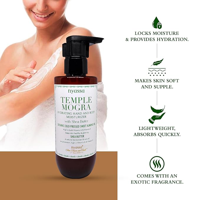Nyassa Temple Mogra Hand and Body Moisturizer With Shea Butter & Organic Sweet Almond Oil - 200 Ml