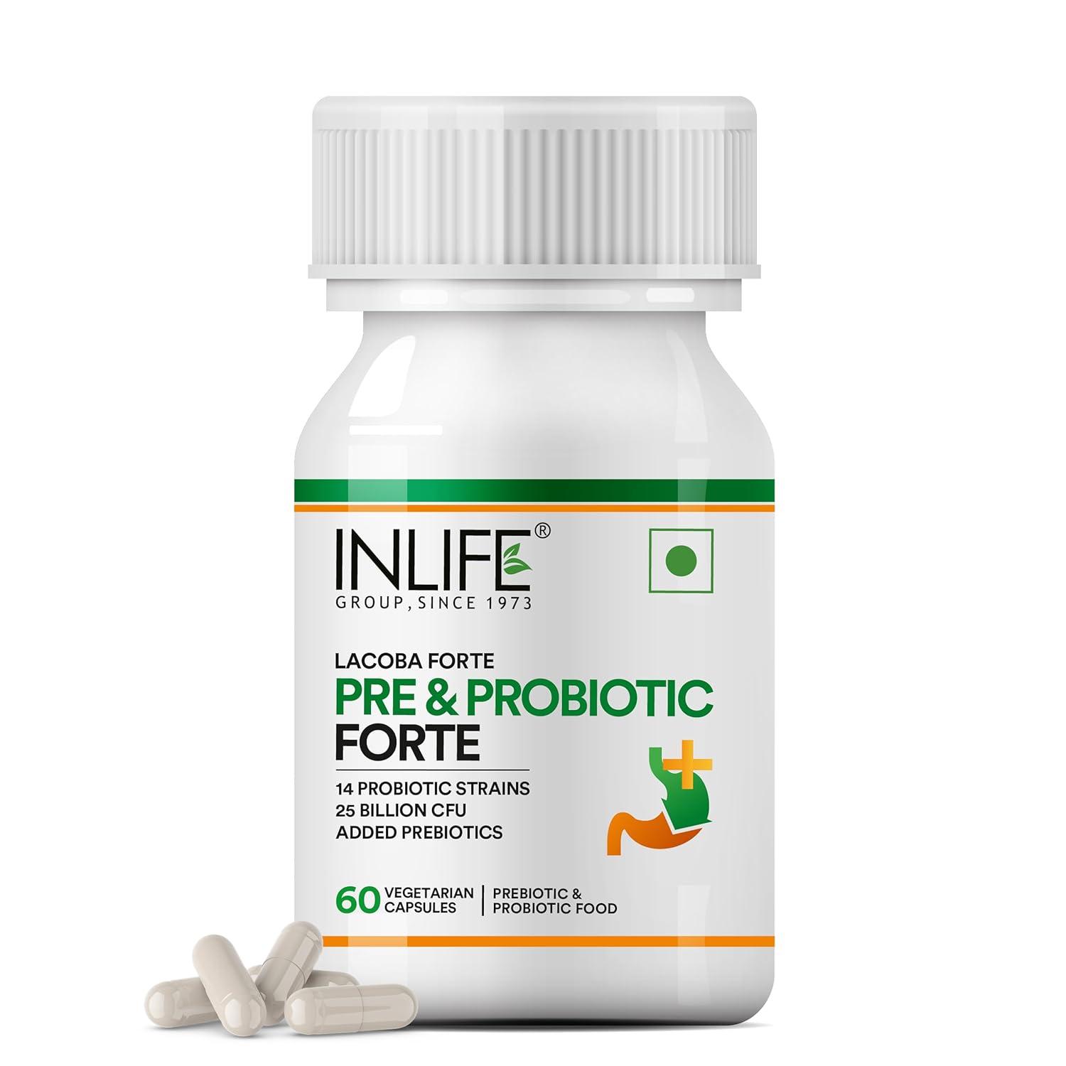 INLIFE Prebiotic and Probiotics Forte Supplement for Men & Women 25 billion CFU with 14 Strains | Digestion Gut & Immunity Health Supplement - 60 Capsules (Pack of 1)