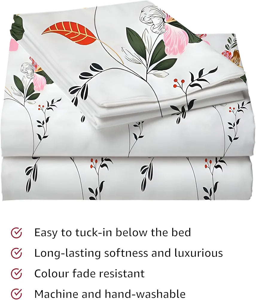 Starnstyle Polycotton 220 TC Floral Printed King Size Double Bedsheet with 2 Pillow Covers Multid