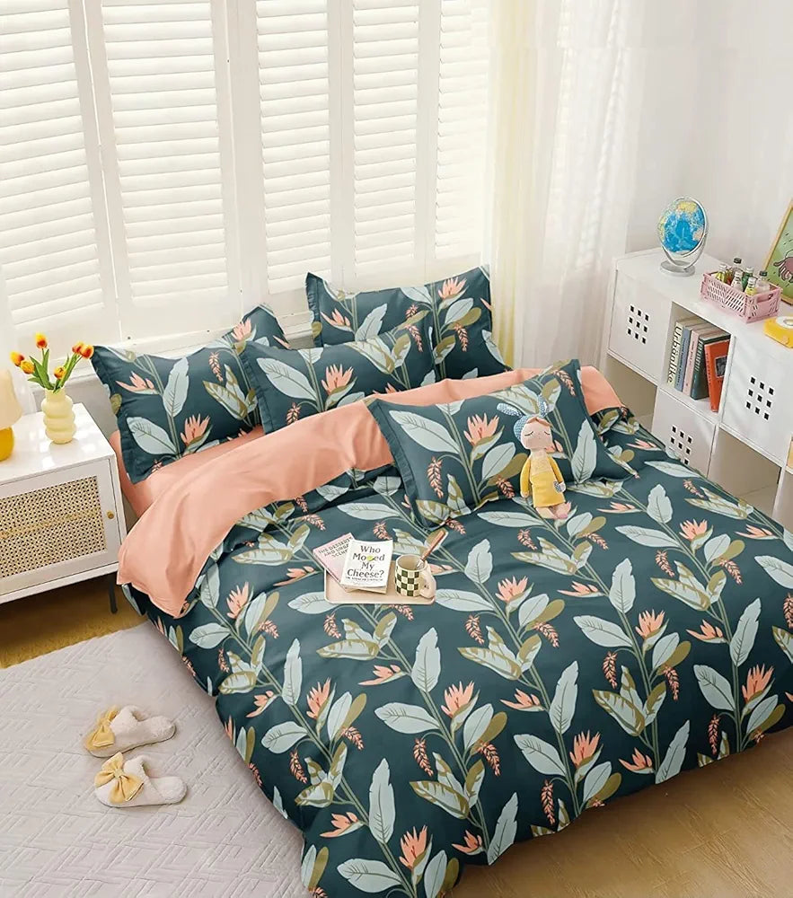 The Home Style Supersoft Cotton King Size Printed Flat Double Bedsheet with 2 Pillow Cover 300 TC Forest Green