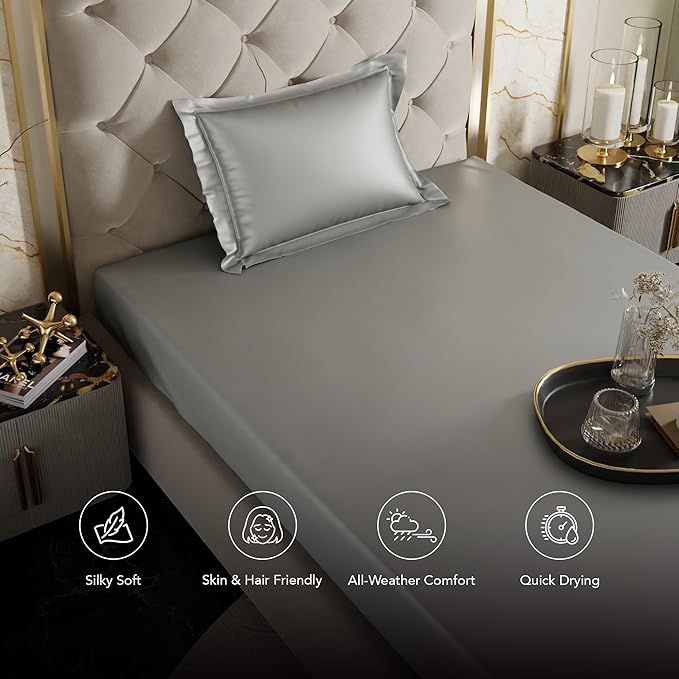 Stoa Paris Satin Elastic Fitted Bedsheets for Single Bed 300TC Premium 1 Pillow Cover Colour Harbour Mist Grey