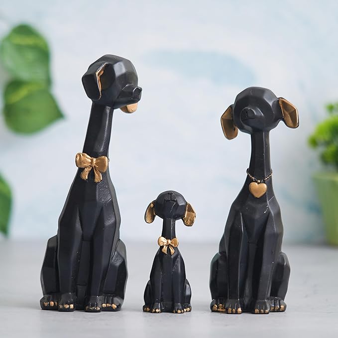 Ecraftindia Black Golden Set of 3 Cute Dog Statues Animal Figurines Decorative Showpieces
