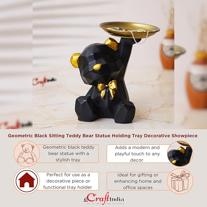 Ecraftindia Geometric Black Sitting Teddy Bear Statue Holding Tray Decorative Showpiece for Home