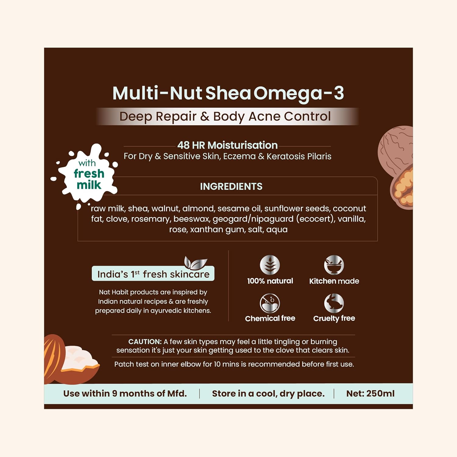 Nat Habit Fresh Whipped Body Lotion, Fresh Malai Lotion Multi-Nut Shea Omega 3, For Deep Skin Repair, Hydration, Body Acne Control & 48 Hours Moisture, 250 ml (Pack of 1)