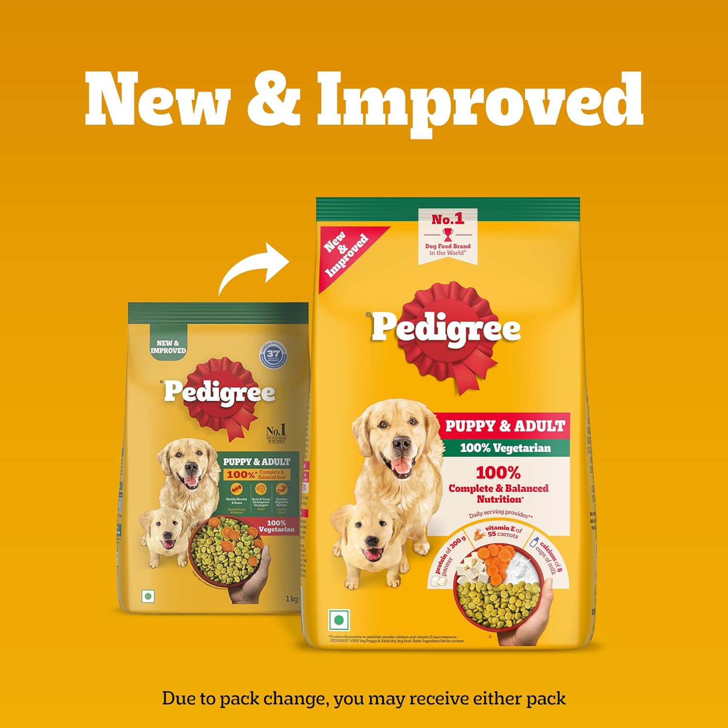 Pedigree Adult & Puppy Dry Dog Food, 100% Vegetarian, 1 kg, Contains 37 Essential Nutrients, 100% Complete & Balanced Food for Adult Dogs