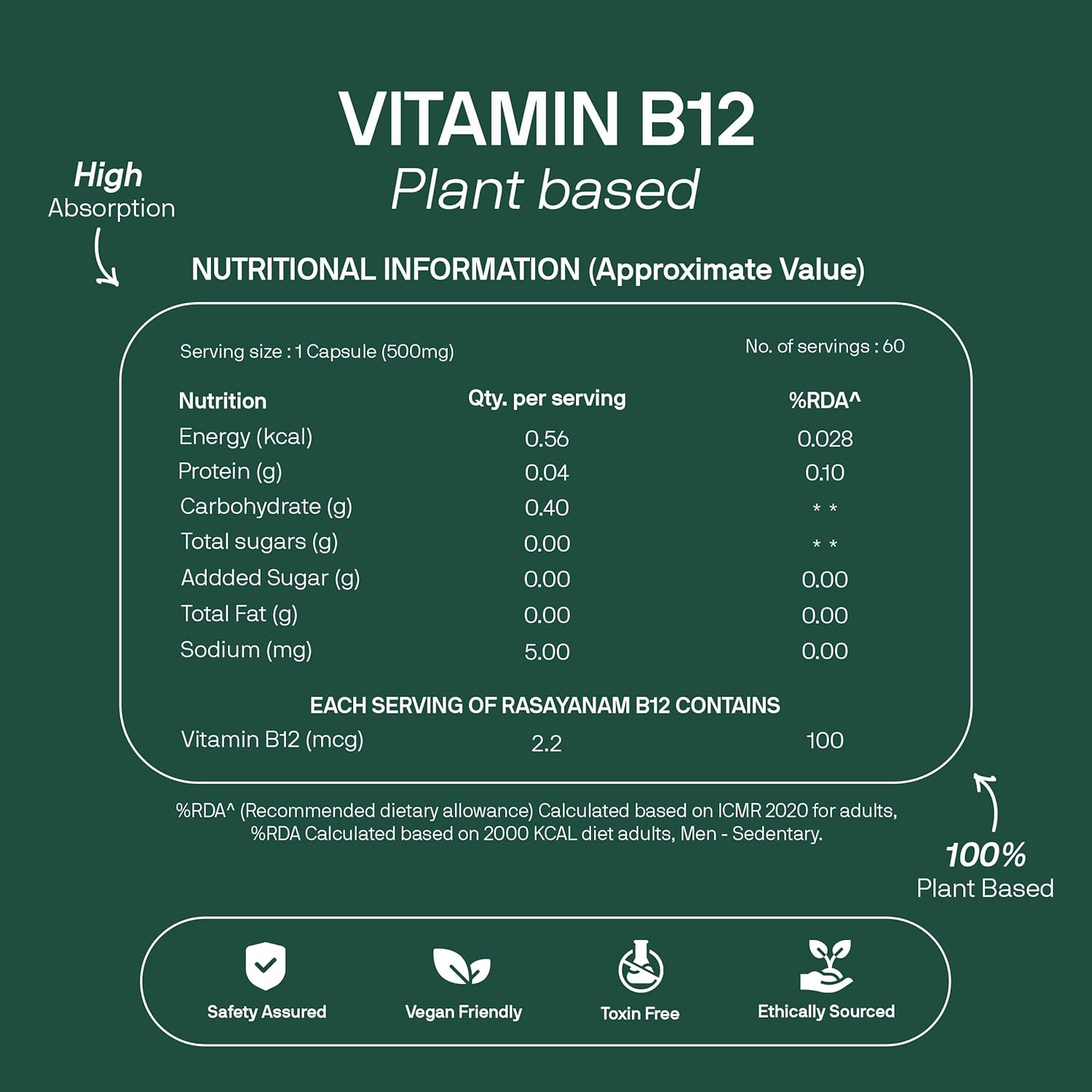 HANI Plant Based Vitamin B12 Capsules | Natural Cobalamin with 7 Superfoods (Wheatgrass, Amla, Spinach, Moringa, Raspberries, Alfalfa) | Supports Energy, Immunity & Nervous System Health | 60 Capsules