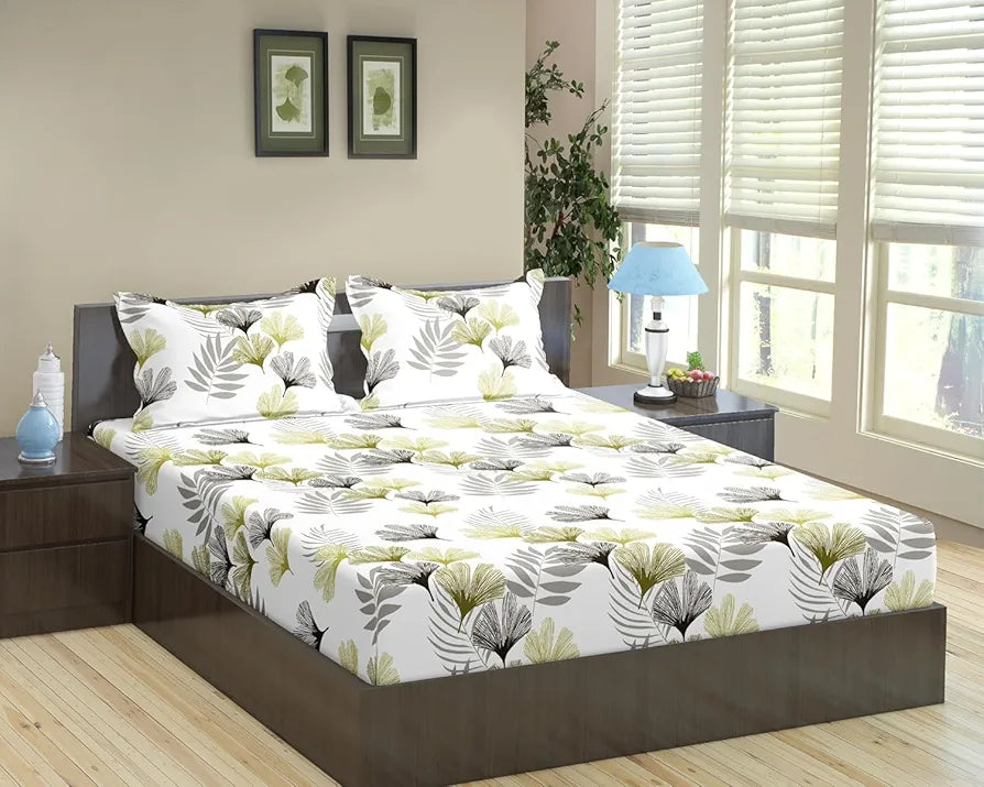 Trance Home Linen 100% Cotton 180 TC 78"X72" Standard King Size Elastic Fitted Bedsheet Printed King Bed Size With 2 Pillow Covers Colour Paradise Green