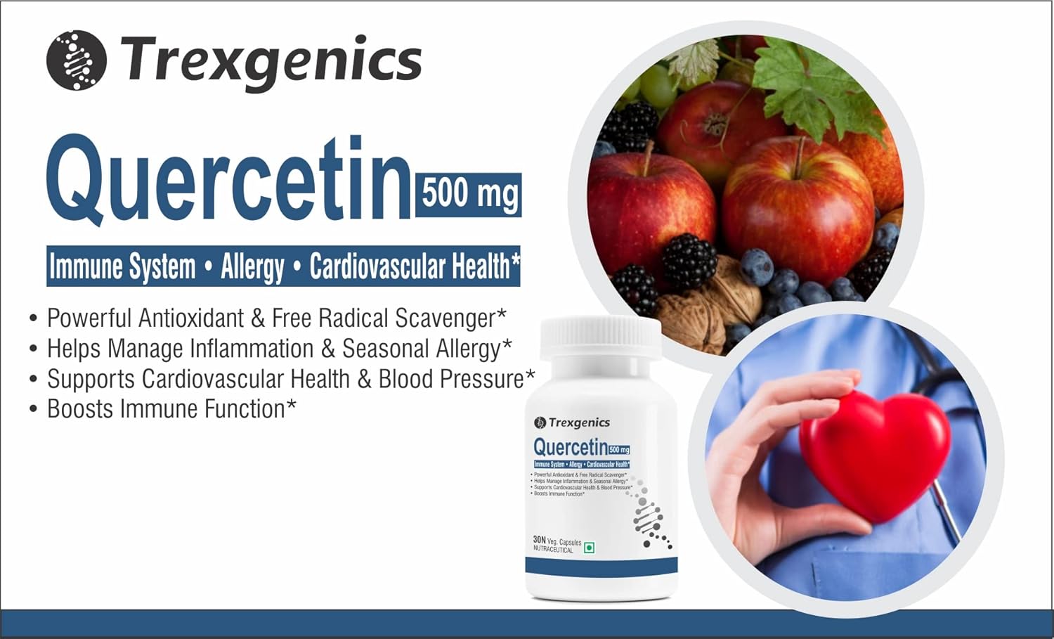 Trexgenics QUERCETIN 500 mg Respiratory Health, Cardiovascular Health, Joint Health Support (30 Veg. Capsules) (Pack of 1)