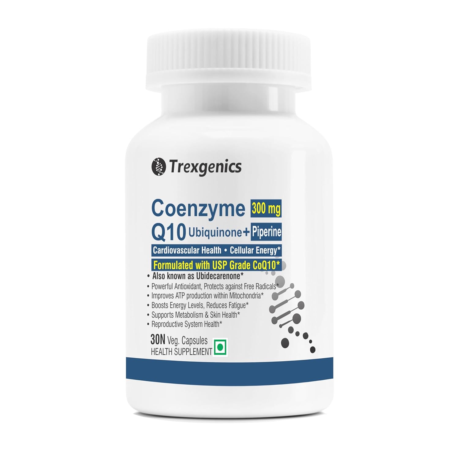 Trexgenics COENZYME Q10 300 mg USP grade Ubiquinone (Ubidecarenone) with Piperine 12 mg Antioxidant, Cellular Energy, Heart Health (30 Veg Capsules))