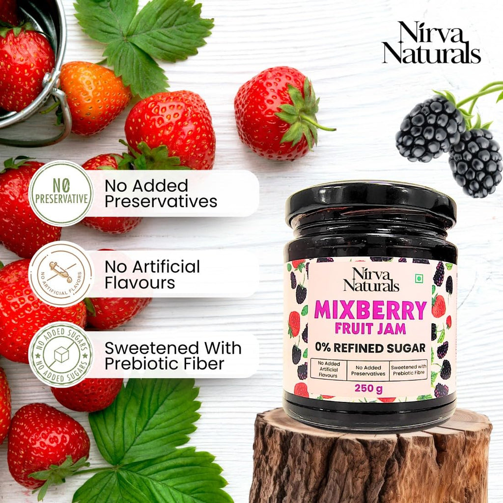Nirva Naturals No Sugar Mixed Berry Fruit Jam | 100% Pure & Natural | Healthy Jam for Kids & Adults | No Added Flavours & Preservatives | Good for Gut Health | Pack of 1| 250g