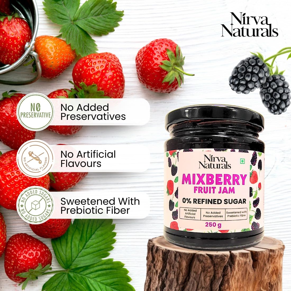 Nirva Naturals No Sugar Mixed Berry Fruit Jam | 100% Pure & Natural | Healthy Jam for Kids & Adults | No Added Flavours & Preservatives | Good for Gut Health | Pack of 1| 250g