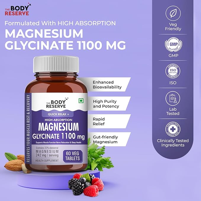 The Body Reserve Magnesium Glycinate Supplement 1100mg Per Serving - 60 tabs