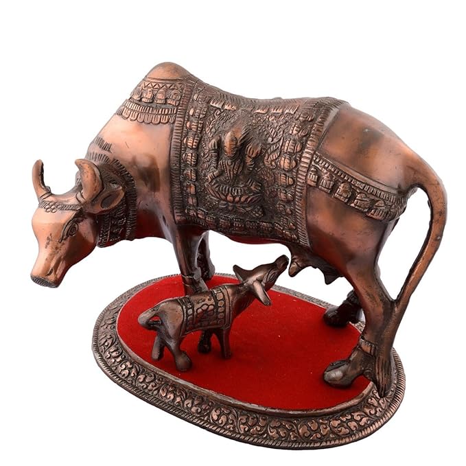 Ecraftindia Metal Kamdhenu Cow and Calf Figurine | Red and Brown