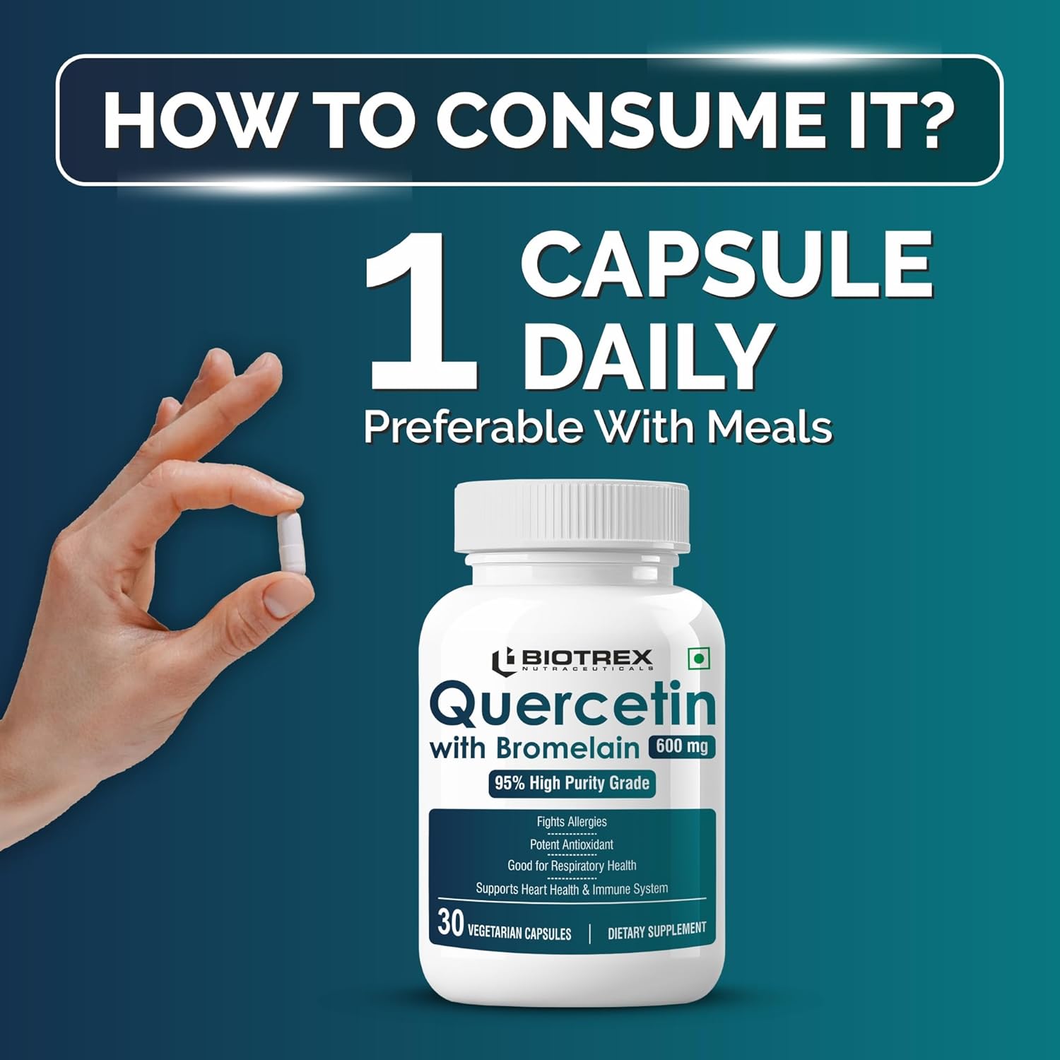 Biotrex Nutraceuticals Quercetin with Bromelain 600mg Better Respiratory Health | Antioxidant | Fights Allergies | Immunity & Cardiovascular Health - 30 Veg Capsules