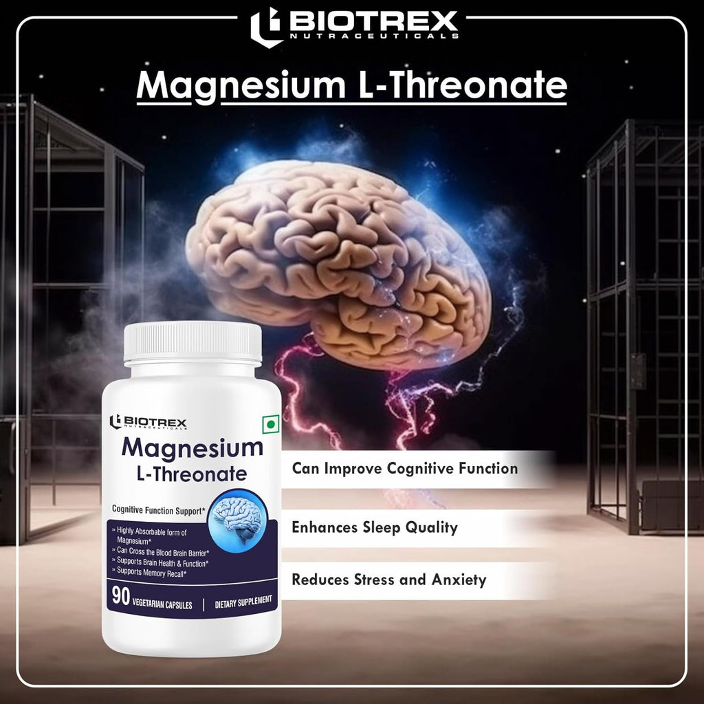 Biotrex Nutraceuticals Magnesium L Threonate 2000mg Per Serving | Better sleep, Cognitive Support & Quick Thinking | Brain & Memory Function | Most Bioavailable Form of Magnesium | 90 Vegetarian Capsules