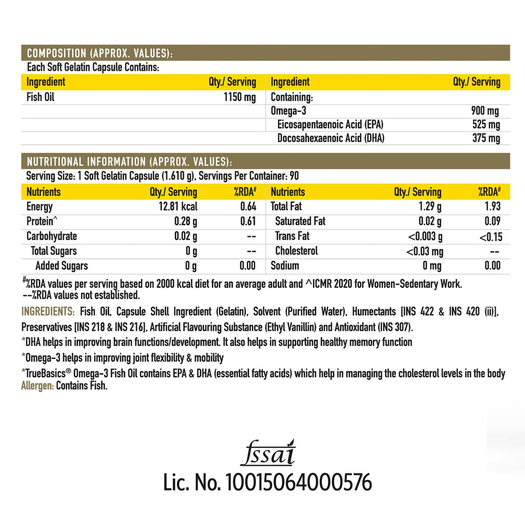 TrueBasics Omega 3 Fish Oil (90 Capsules) | Triple Strength with 1150mg Omega, 525mg EPA & 375mg DHA | For Healthy Heart, Eyes & Joints, 90 grams