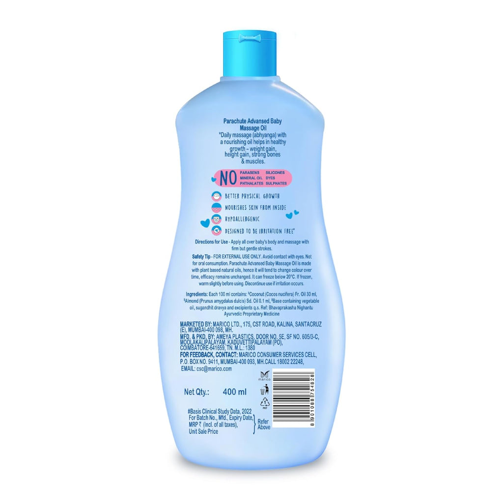 Parachute Advansed Baby Massage Oil for New Born| 100% Virgin Coconut Oil | Clinically Proven for Better Growth| Vitamin E & F| 400 Ml