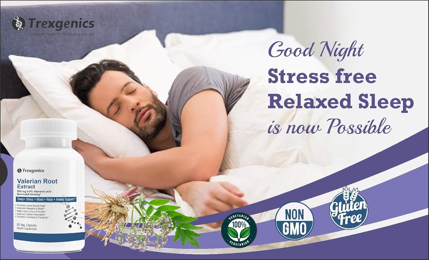 TrexgenicsÂ® VALERIAN Root 500mg Standardized (0.8% Valerenic acid) Sleep, Stress,Mood,Relax, Migraine, Anxiety Support (60 Veg capsules)