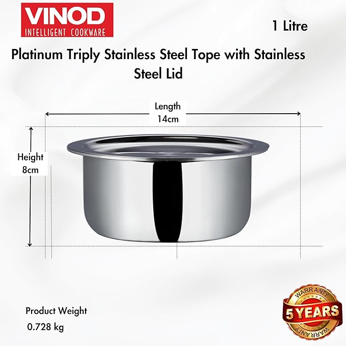 Vinod Platinum Triply Stainless Steel Tope with Stainless Steel Lid 2.5 litres Capacity (18 cm Diameter) - Silver