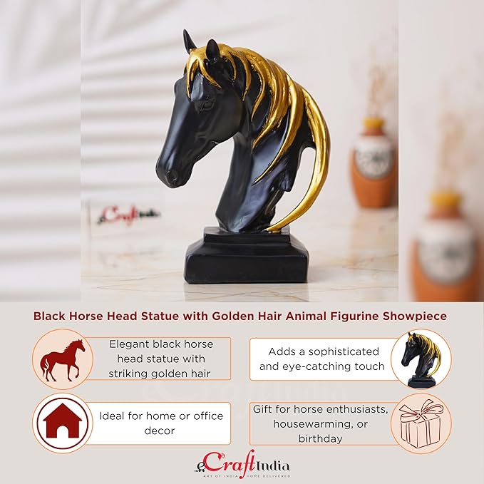 Ecraftindia Black Horse Head Statue With Golden Hair Animal Figurine Showpiece