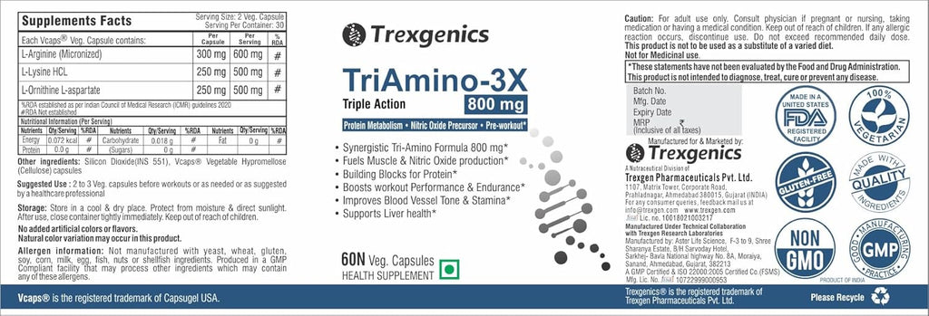 TrexgenicsÂ® TRIAMINO-3X Advanced Nitric Oxide Precursor, Protein Metabolism, Endurance, Recovery, Blood Circulation & Pre-Workout, L Arginine 300mg, Ornithine 250 mg & Lysine 250mg/Capsule (60 Veg. Capsules)