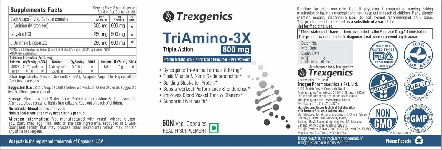 TrexgenicsÂ® TRIAMINO-3X Advanced Nitric Oxide Precursor, Protein Metabolism, Endurance, Recovery, Blood Circulation & Pre-Workout, L Arginine 300mg, Ornithine 250 mg & Lysine 250mg/Capsule (60 Veg. Capsules)