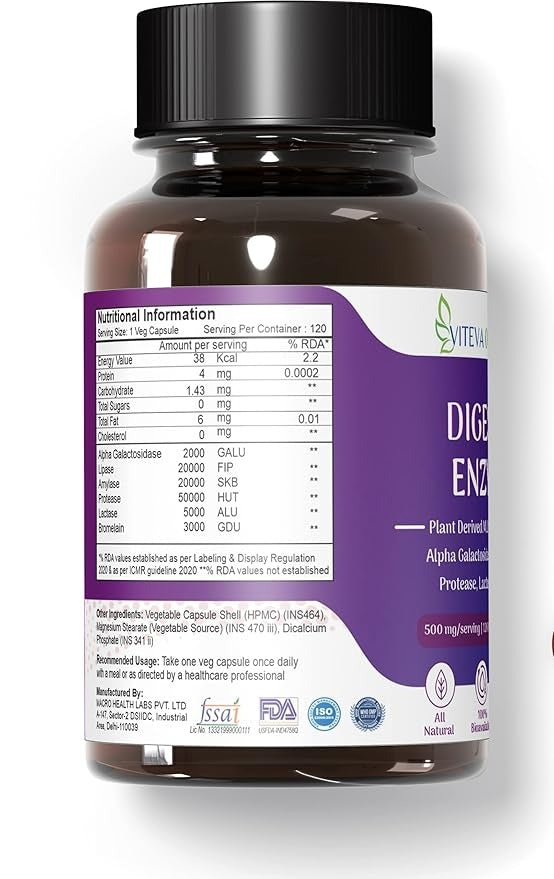 Viteva Organic Digestive Enzymes for Adults - 500mg - 120 Veg Cap