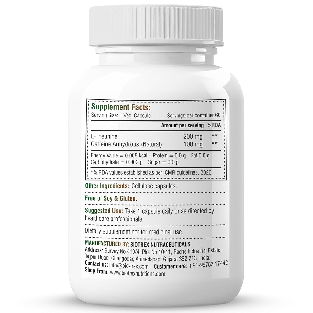 Biotrex Nutraceuticals L-Theanine 200mg Caffeine 100mg Supplement helps to improve Excercise Performance & supports Energy Management - 60 Veg Capsules