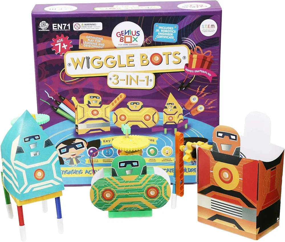 Genius Box Play Some Learning Genius Box Educational Toy Play Some Learning 3 in 1 Activity S.T.E.M Learning Kit for Children Age 7+ Wiggle Bot Activity Kit Multicolor