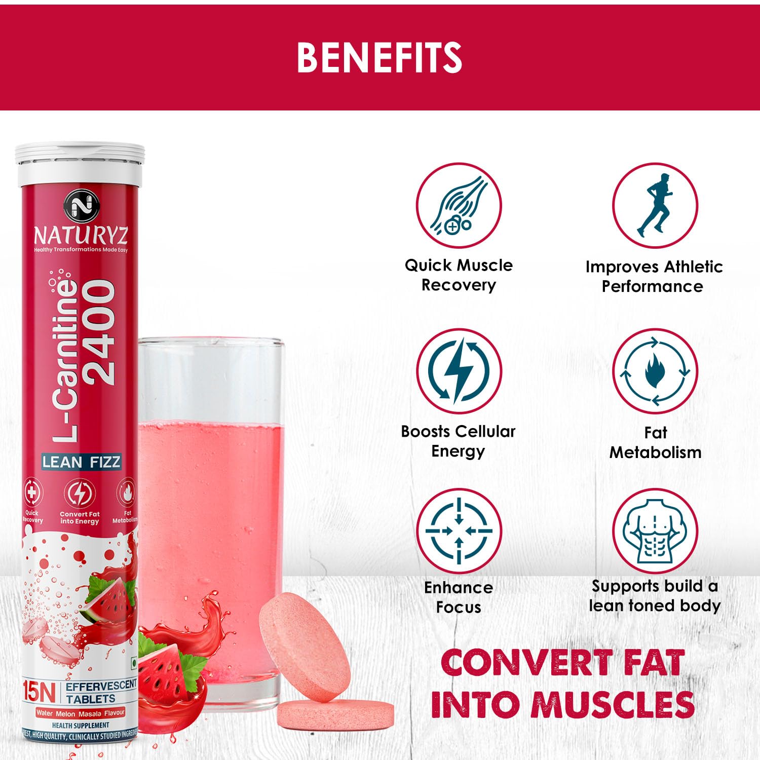 Naturyz L-Carnitine L Tartrate 2400 mg Converts fat into Energy|Energy & Endurance|Performance & Recovery - 15 capsules (Water Melon Masala Flavour), 1 count