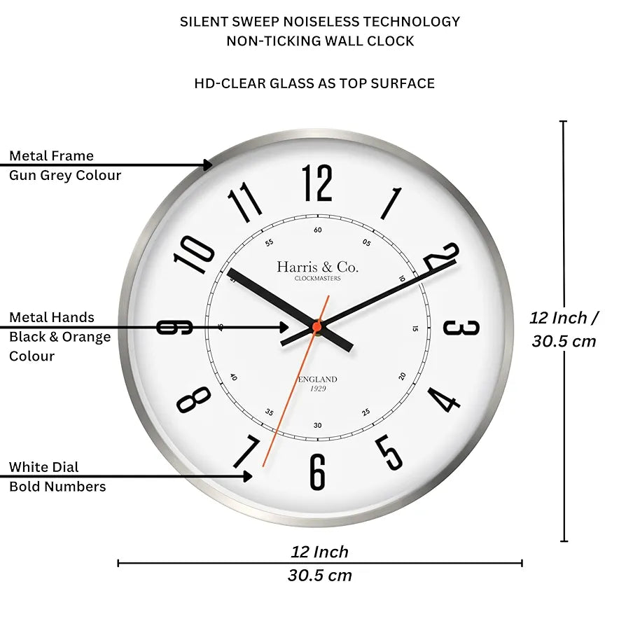 Harris & Co. Clockmasters Silent Sweep Noiseless Technology Wall Clock Grey