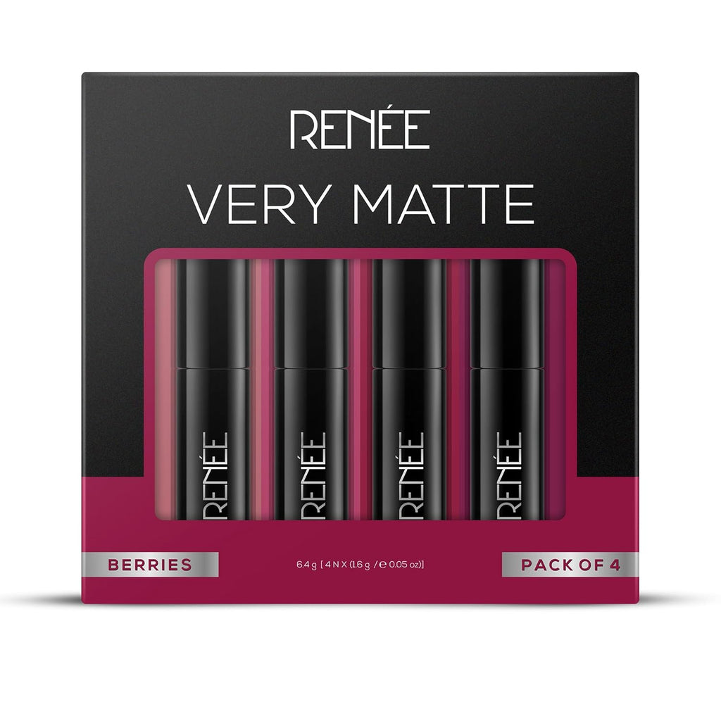 RENEE Very Matte Pack of 4 Matte Lipsticks - Berries, Intense Color Pay Off, Full Coverage, Long Lasting & Weightless, Easy Glide Formula With Velvety Finish, Suitable for All Occasion & Gifting