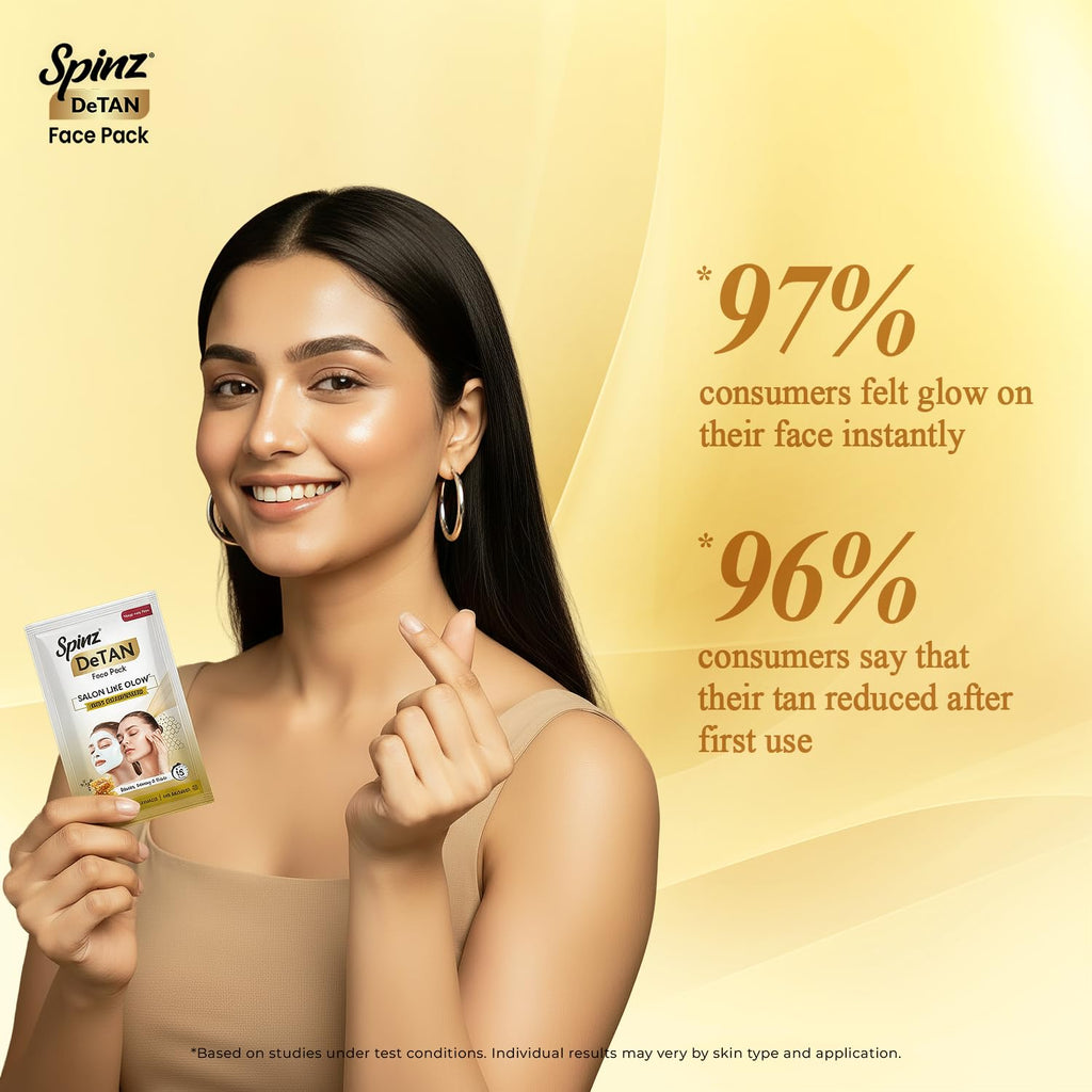 Spinz DeTan Face Pack with Besan, Honey & Kojic Acid | Tan Removal cream for Brightening & Glow | Salon-like Glow in 15 mins | 72g, Pack of 6 (12g x 6)