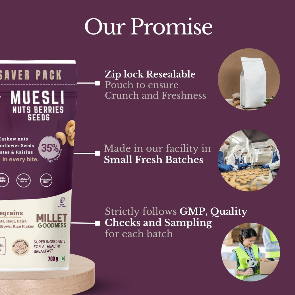 Fulfilling Muesli Fruit & Nuts - Nuts Berries Seeds | Pumpkin, Flax & Chia Seeds, Antioxidant Rich Cranberry, Rolled Oats + Millet Flakes | No Refined Sugar, Healthy Breakfast 700g
