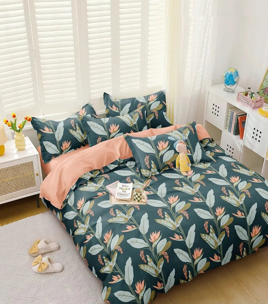 Cotton Feel Glace Cotton All Around Elastic Fitted Printed King Size Double Bed Bedsheet With 2 Pillow Cover,300 TC Forest Green
