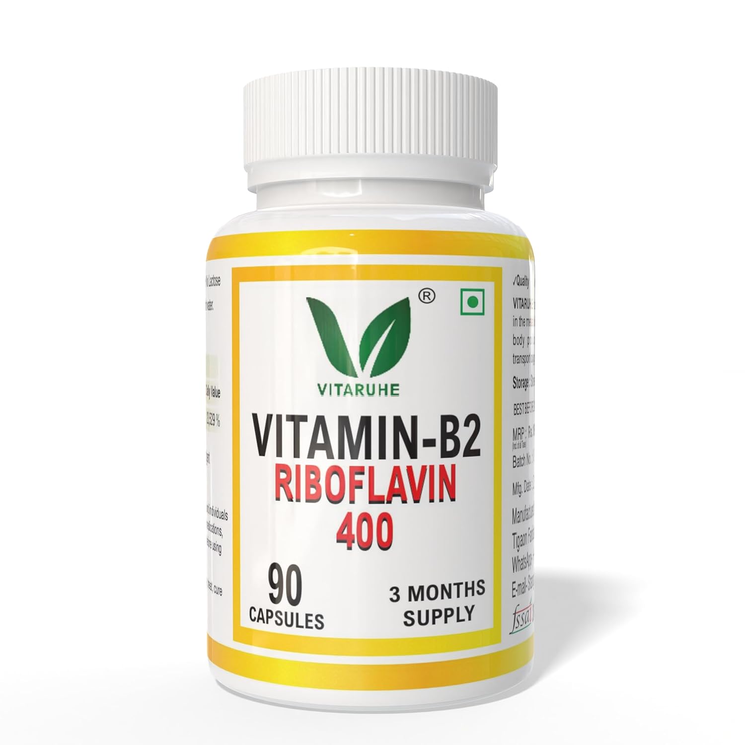 VITARUHEÂ® Vitamin B2 Riboflavin â€“ High Potency Vitamin B2 for Energy, Metabolism, Vision & Skin Health | Supports Red Blood Cell Formation & Nervous System Function | 90 Vegan Capsules | No Artificial Additives | Non-GMO