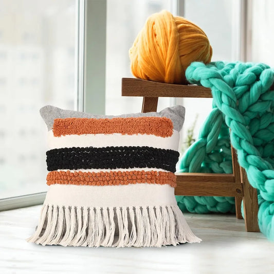 Sashaa World Multi Coloured Taseled And Tufted Cotton Cushion Cover Colour Multi