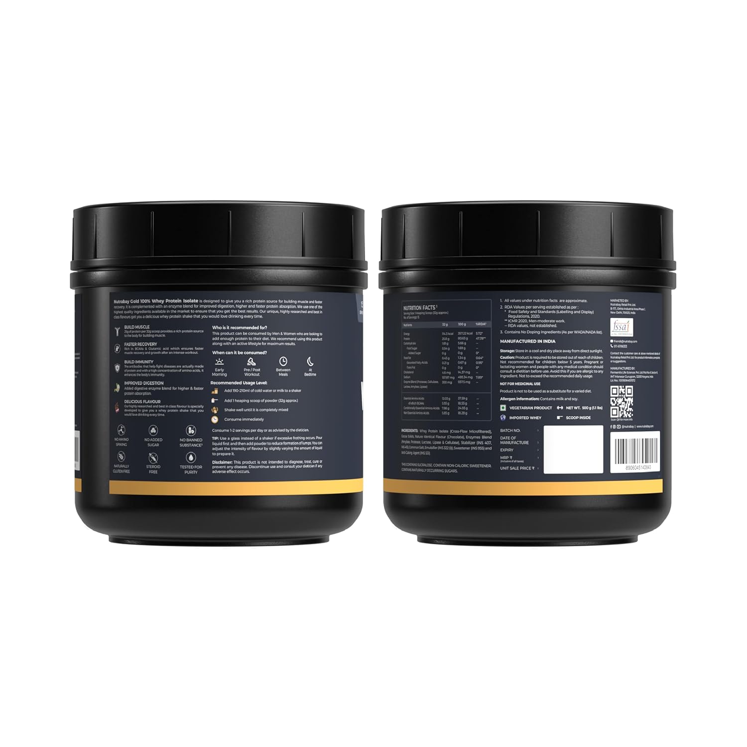 Nutrabay Gold Whey Protein Isolate Powder 25g Protein, 5.9g BCAA per Serving, Easy to Digest, NABL Lab Tested â€“ Muscle Growth & Recovery â€“ 500g, Rich Chocolate CrÃ¨me|100% Authentic Clean Protein