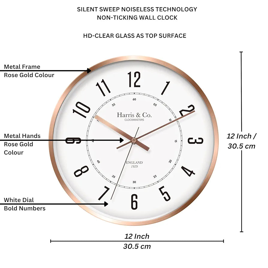 Harris & Co. Clockmasters Silent Sweep Noiseless Technology Wall Clock  Analog Rose Gold