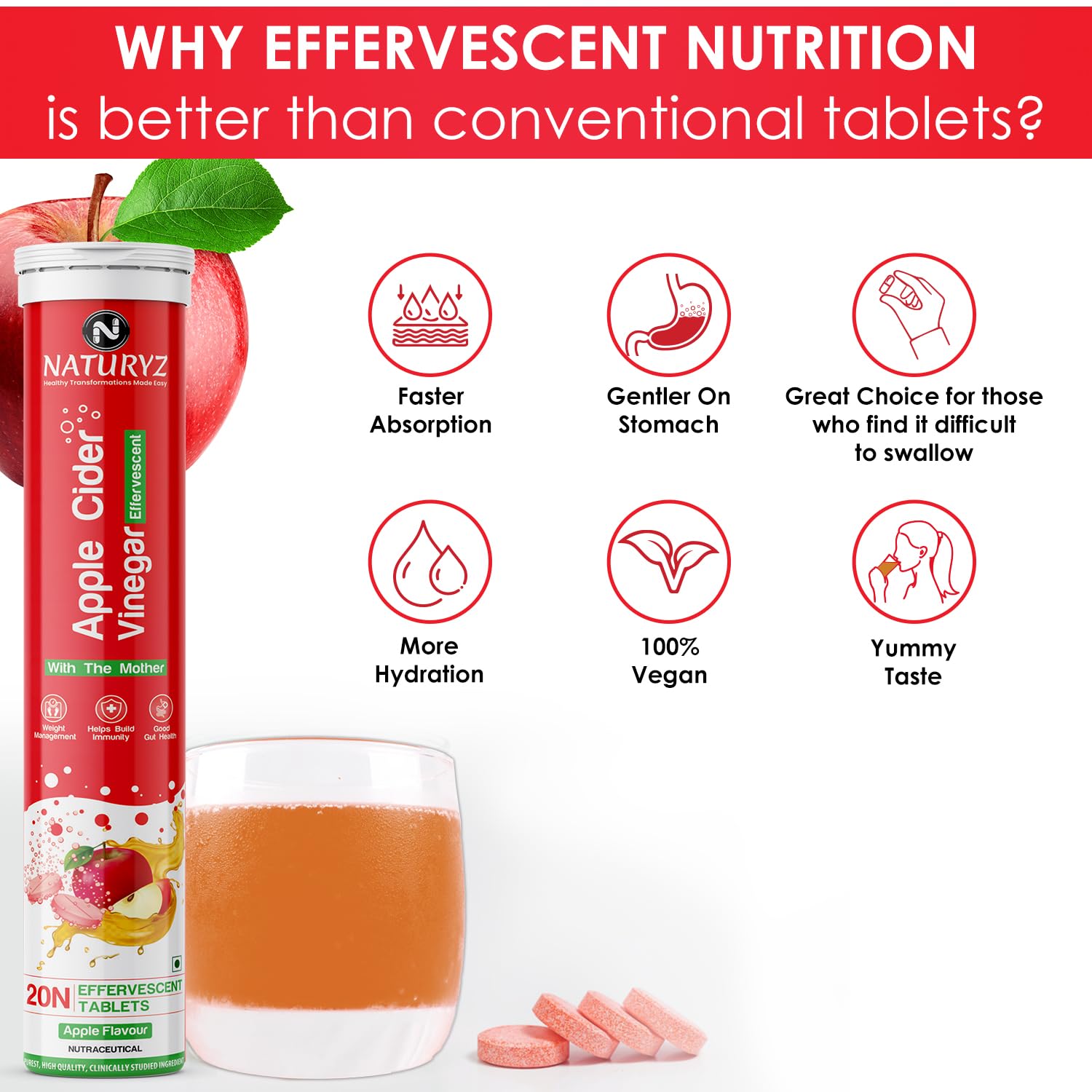 Naturyz Apple Cider Vinegar Effervescent with L Carnitine, Garcinia cambogia | Control Cravings | Beetroot for Detox & Energy| Immunity | Inulin Fibre Supports Digestion | Gluten-Free | No Maltodextrin & No Added Sugar | Vegan - 20 tablets (Apple Flavour)
