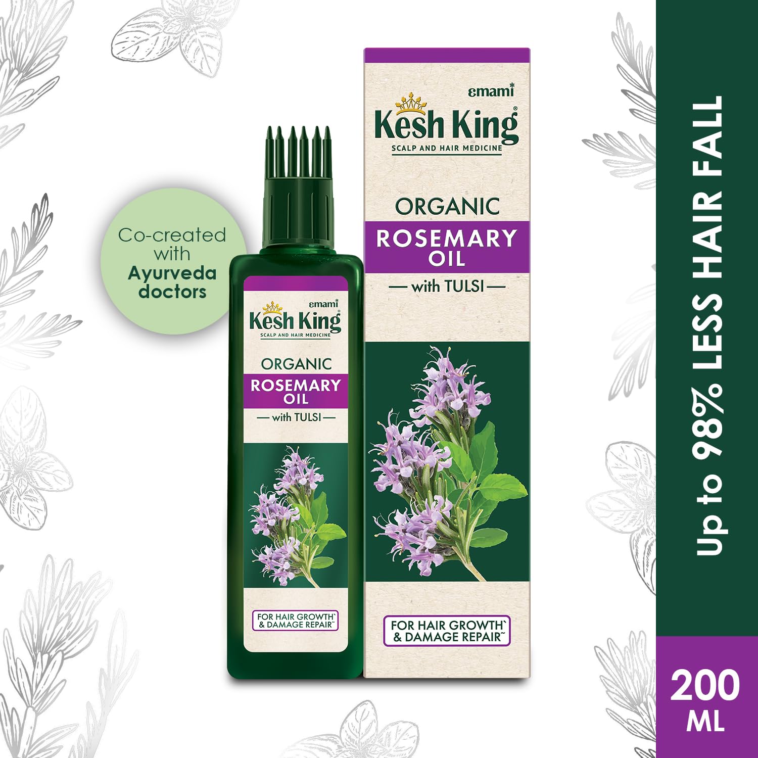 Kesh King Organic Rosemary Oil with Tulsi, ayurvedic hair oil for hair fall and regrowth with hair oil applicator, for men and women, 200ml