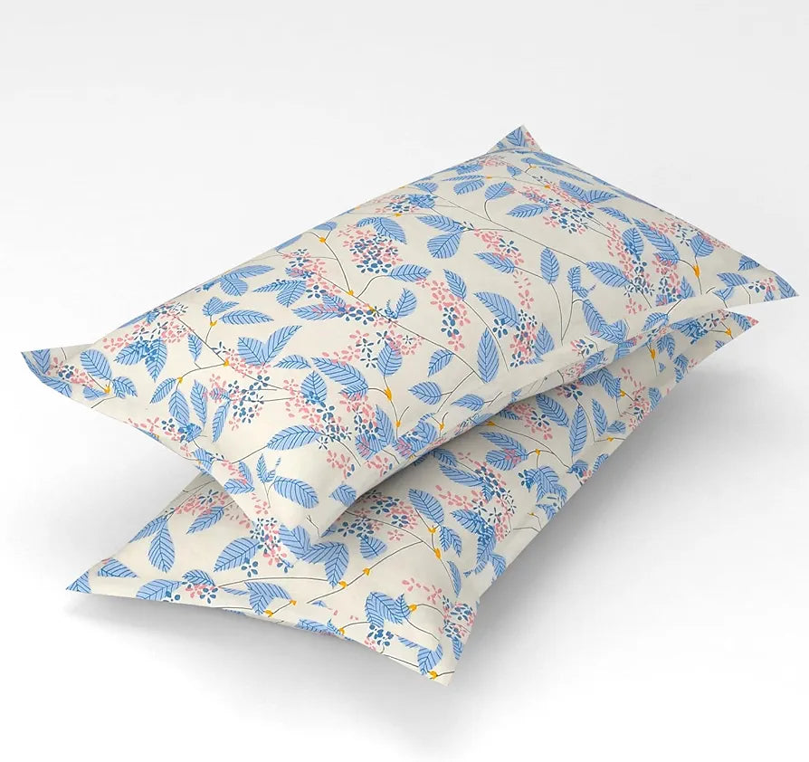 Homekart 220 TC Premium Cotton Elastic Fitted Bedsheets with 2 Pillow Covers Double Bed with Corner Elastic Floral Pattren White & Blue