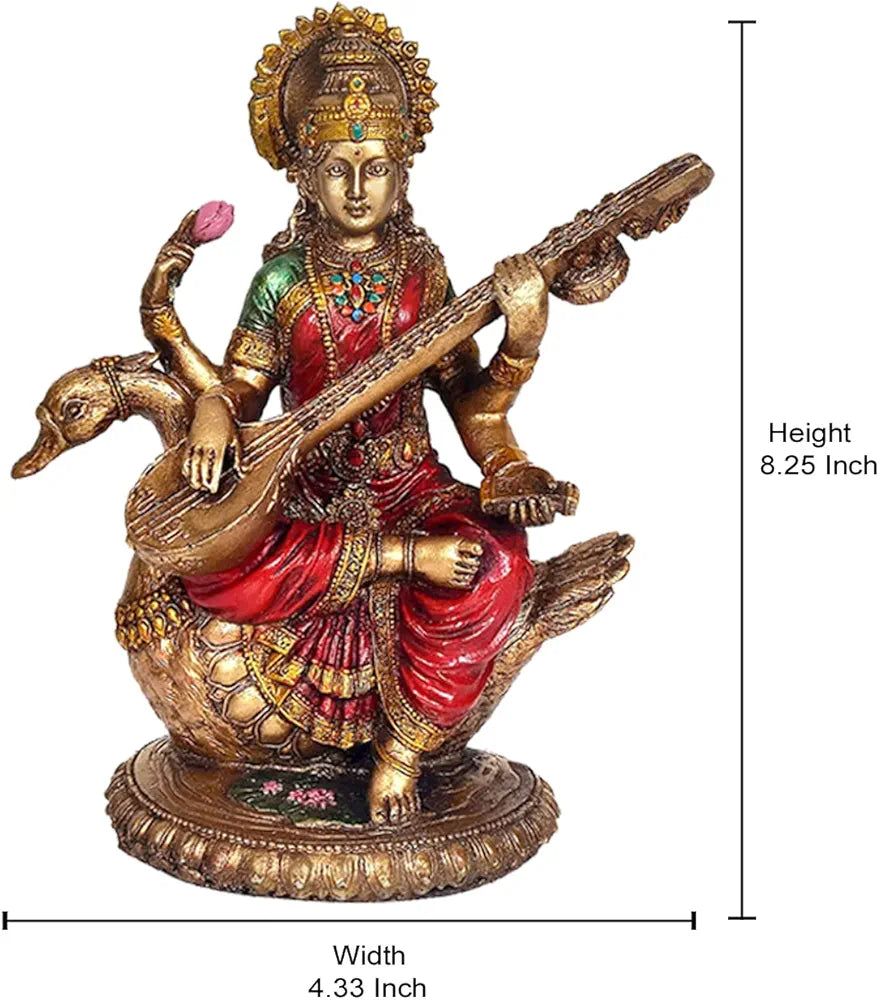 Aona Resin Saraswati Idol Statue for Home Decor On Swan Height | 8.5 Inches Multicolour