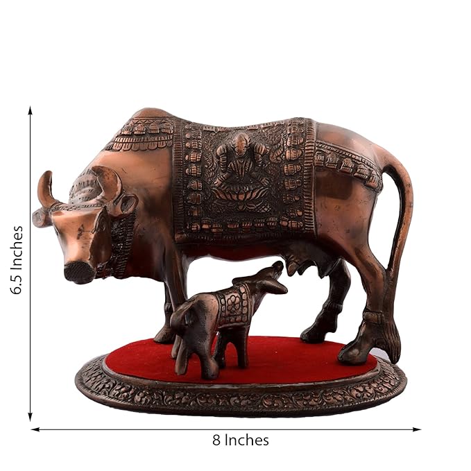 Ecraftindia Metal Kamdhenu Cow and Calf Figurine | Red and Brown