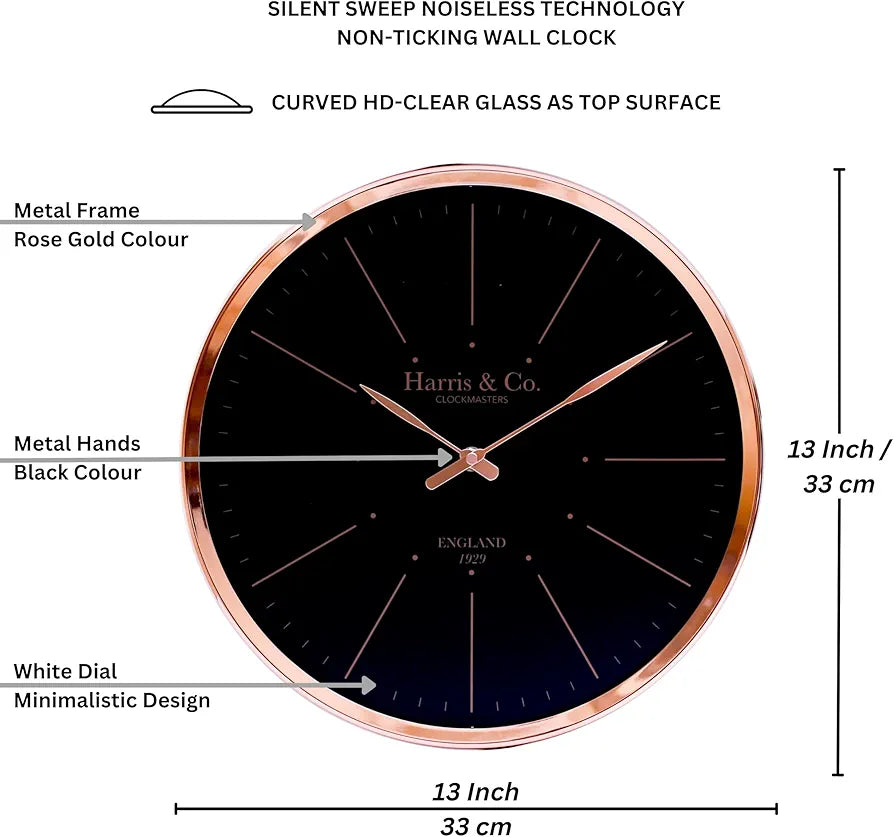 Harris & Co. Clockmasters Premium Luxury Metal Silent Sweep Noiseless Technology Wall Clock - 13 Inch Rosegold