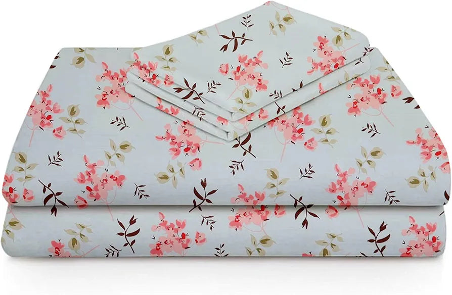 Homekart Premium Cotton Elastic Fitted Bedsheets with 2 King Size Pillow Covers Double Bed Flower Print Sky Blue and Pink 200 tc 220 tc